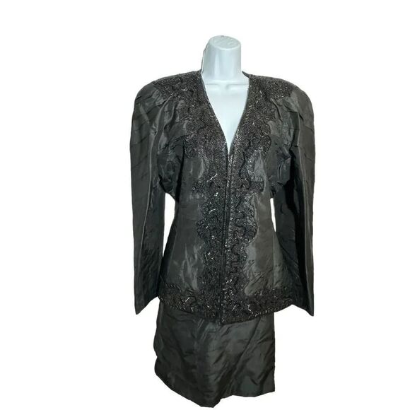 vintage 80’s Fabrice New York Couture Black silk beaded skirt suit size Large - Picture 1 of 14